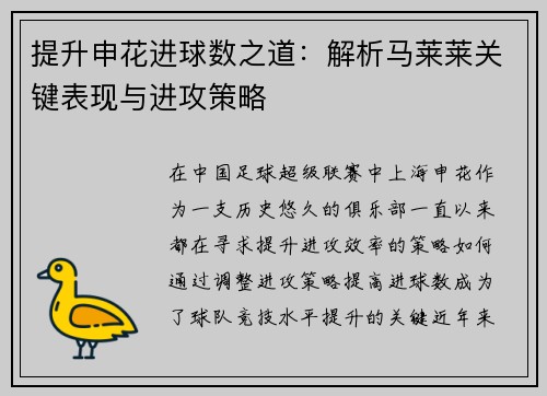 提升申花进球数之道:解析马莱莱关键表现与进攻策略 提升申花进球数之道:解析马莱莱关键表现与进攻策略